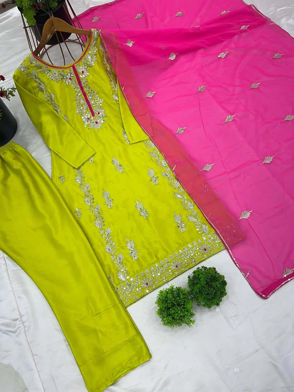 "Elegant Heavy Chinnon Silk Embroidered Set with Full Sleeves & Sequence Work"
