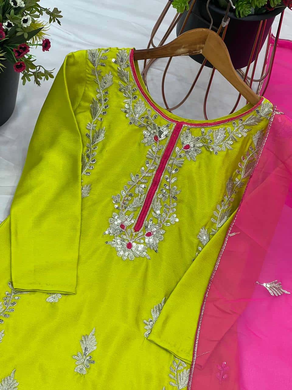 "Elegant Heavy Chinnon Silk Embroidered Set with Full Sleeves & Sequence Work"