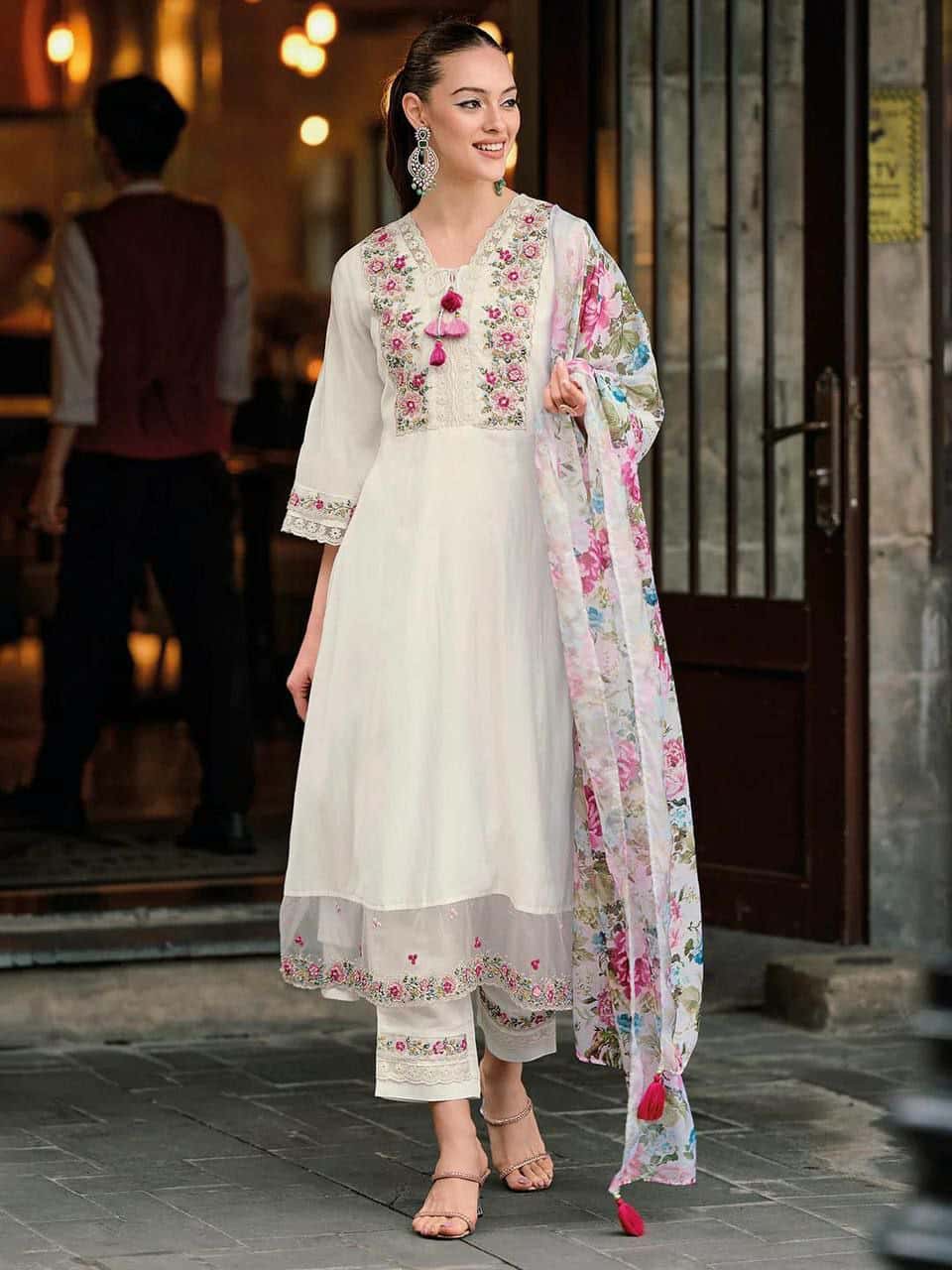 "Embroidered Chanderi Silk Top with Roman Silk Pant & Organza Dupatta – Fully Stitched, Ready-Made Set"
