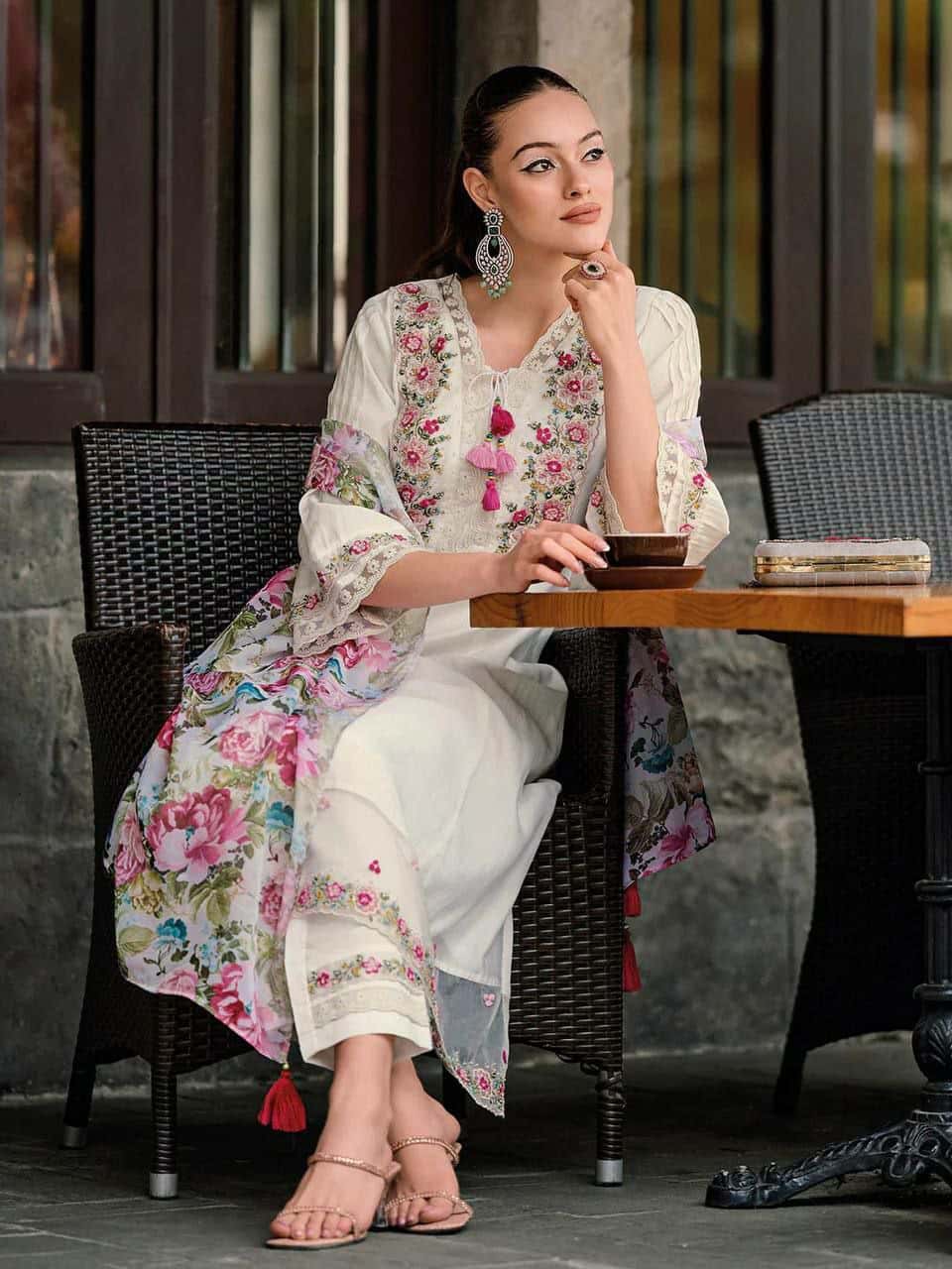 "Embroidered Chanderi Silk Top with Roman Silk Pant & Organza Dupatta – Fully Stitched, Ready-Made Set"