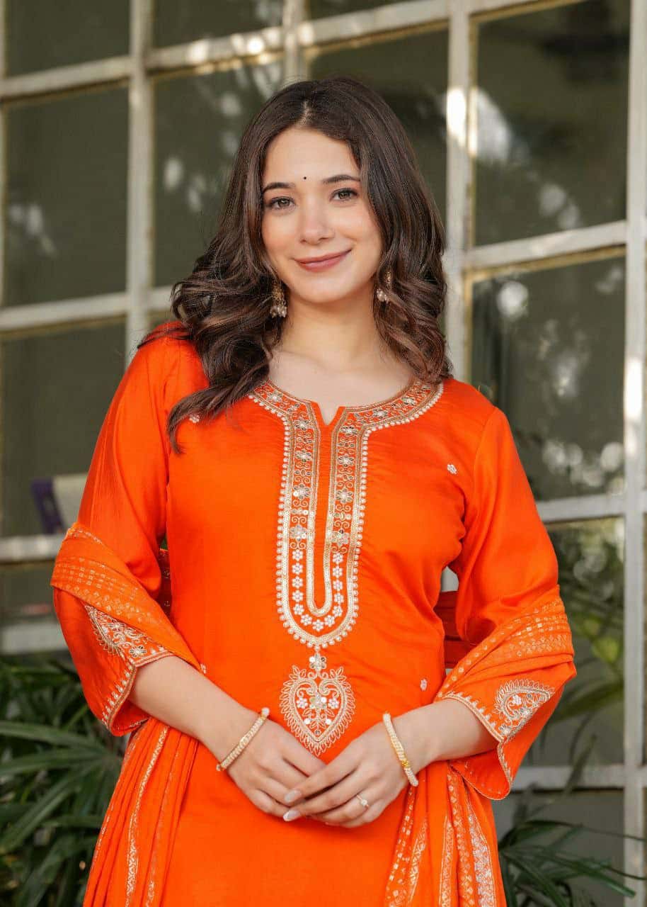 "Elegant Viscose Chanderi Kurti Set with Embroidered Sequins & Jacquard Dupatta"