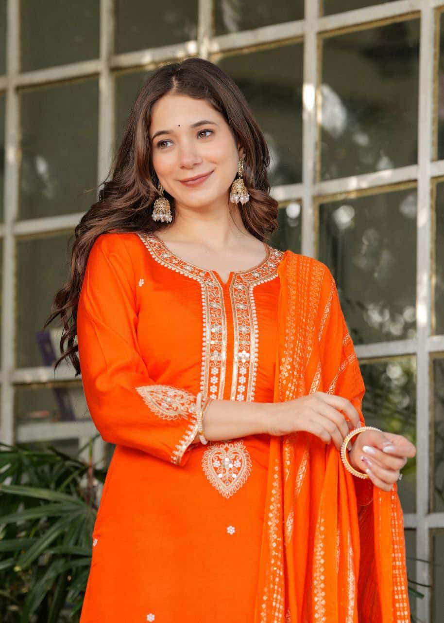 "Elegant Viscose Chanderi Kurti Set with Embroidered Sequins & Jacquard Dupatta"