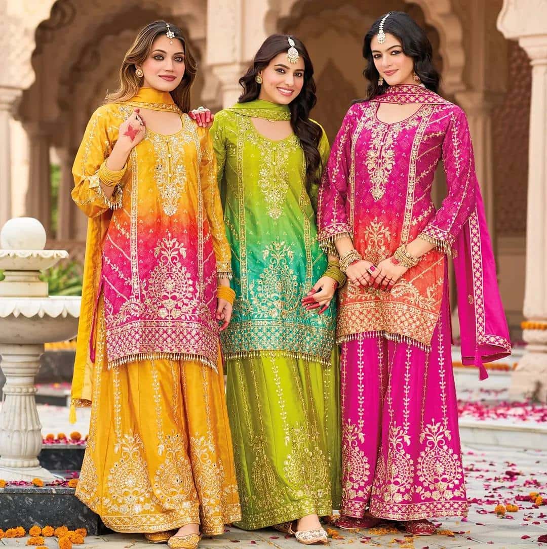 "Heavy Chinnon Silk Embroidered Top, Plazzo & Dupatta Set with Digital Print"