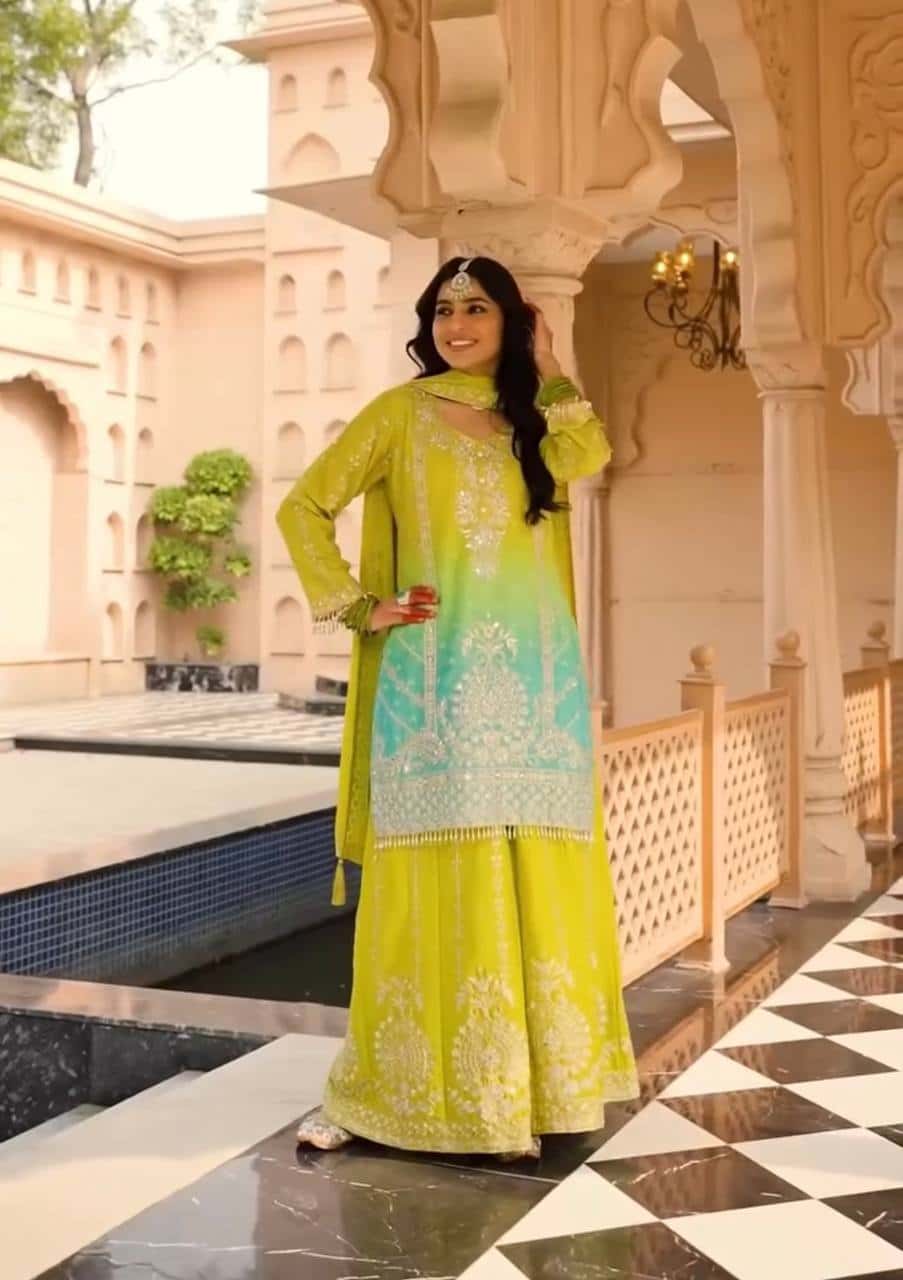 "Heavy Chinnon Silk Embroidered Top, Plazzo & Dupatta Set with Digital Print"