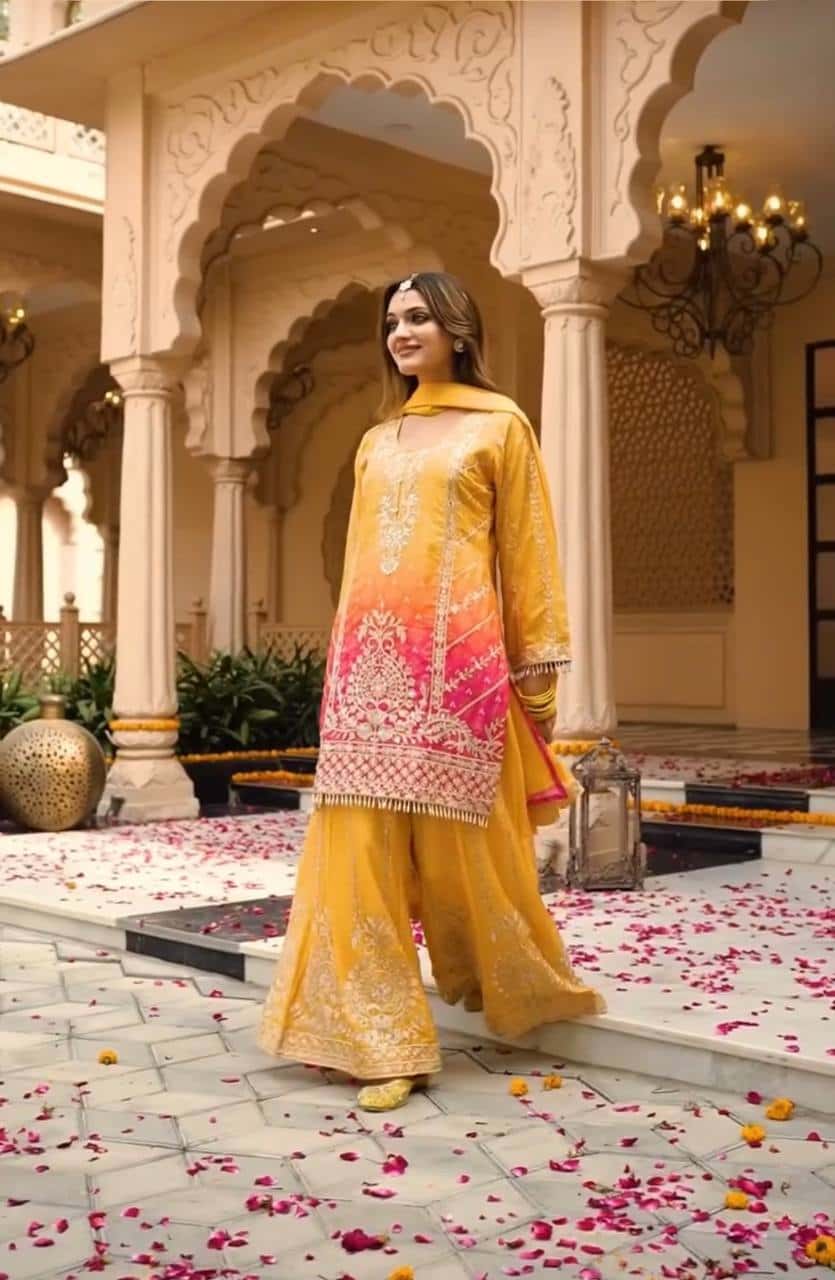 "Heavy Chinnon Silk Embroidered Top, Plazzo & Dupatta Set with Digital Print"