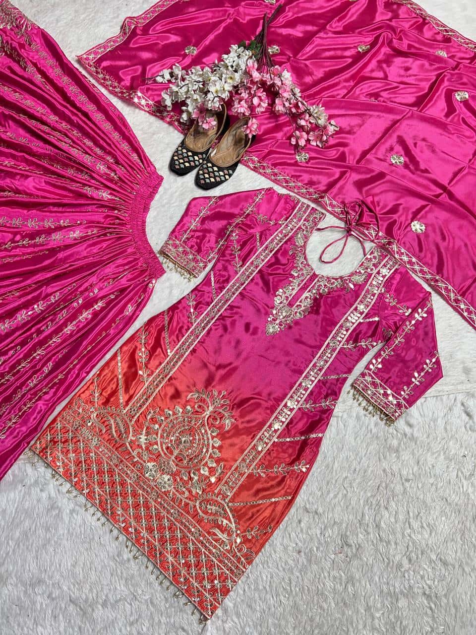 "Heavy Chinnon Silk Embroidered Top, Plazzo & Dupatta Set with Digital Print"