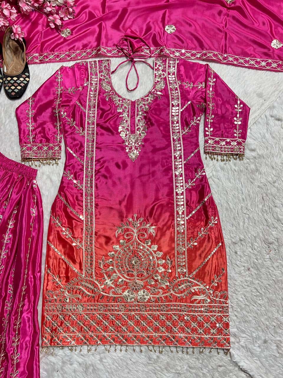 "Heavy Chinnon Silk Embroidered Top, Plazzo & Dupatta Set with Digital Print"