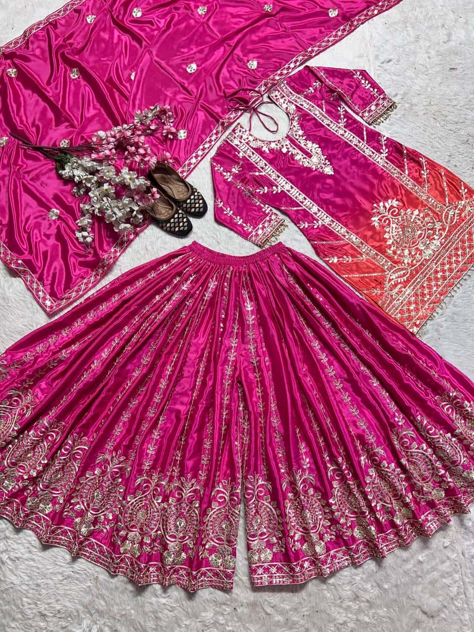 "Heavy Chinnon Silk Embroidered Top, Plazzo & Dupatta Set with Digital Print"
