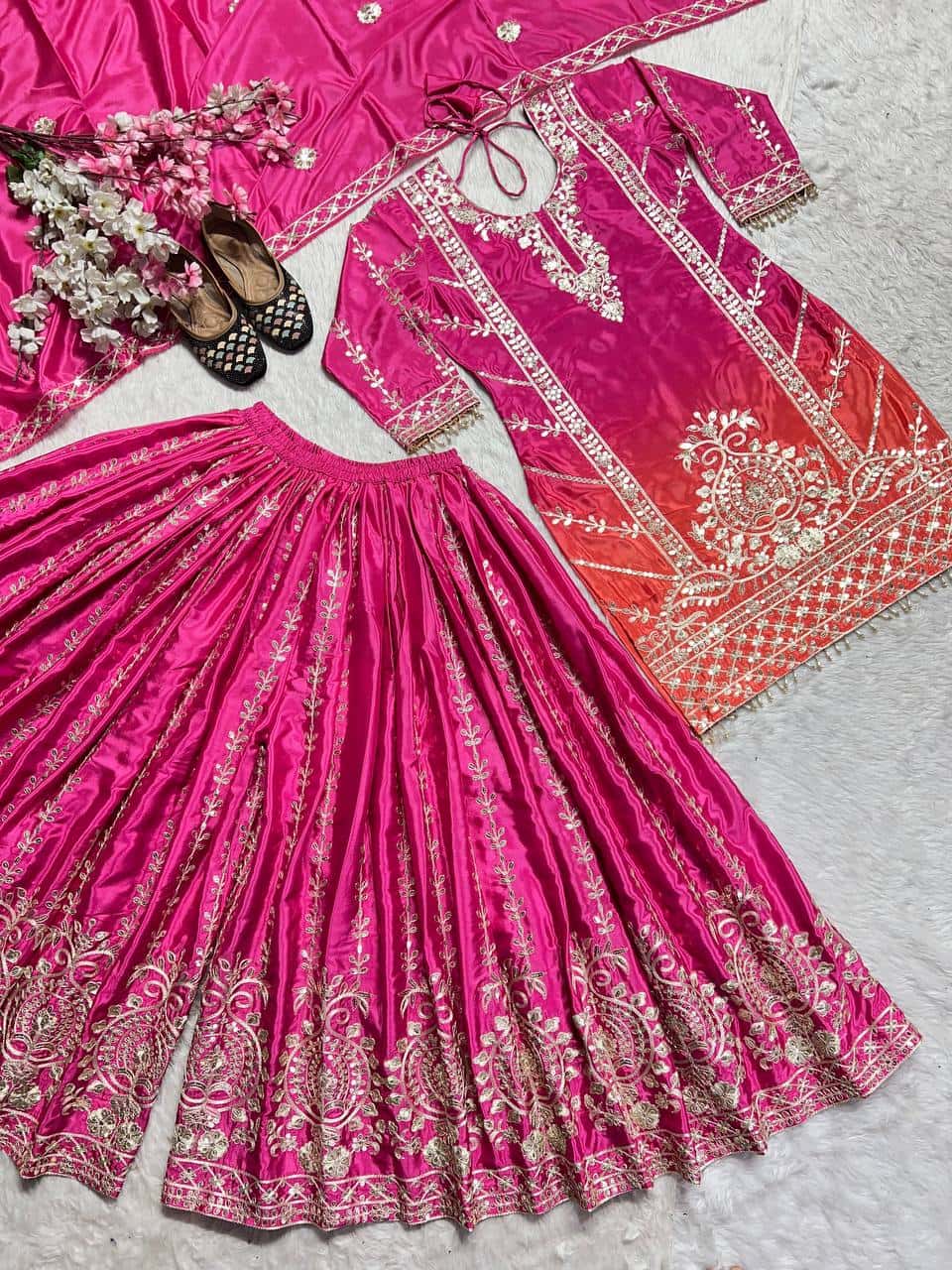"Heavy Chinnon Silk Embroidered Top, Plazzo & Dupatta Set with Digital Print"