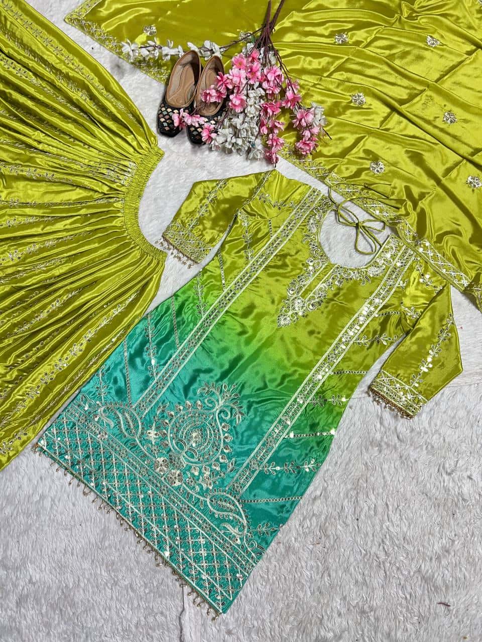 "Heavy Chinnon Silk Embroidered Top, Plazzo & Dupatta Set with Digital Print"
