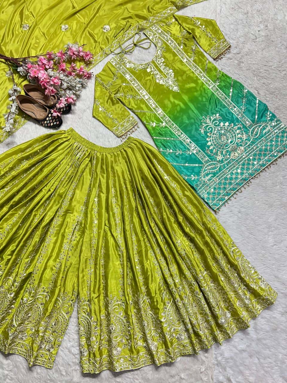 "Heavy Chinnon Silk Embroidered Top, Plazzo & Dupatta Set with Digital Print"