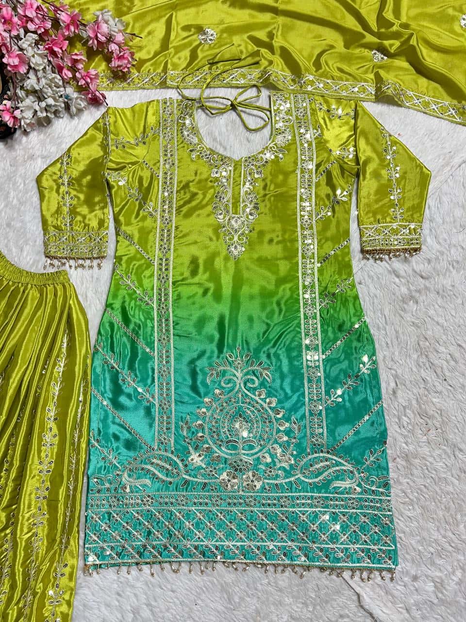 "Heavy Chinnon Silk Embroidered Top, Plazzo & Dupatta Set with Digital Print"