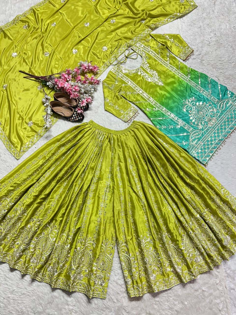 "Heavy Chinnon Silk Embroidered Top, Plazzo & Dupatta Set with Digital Print"