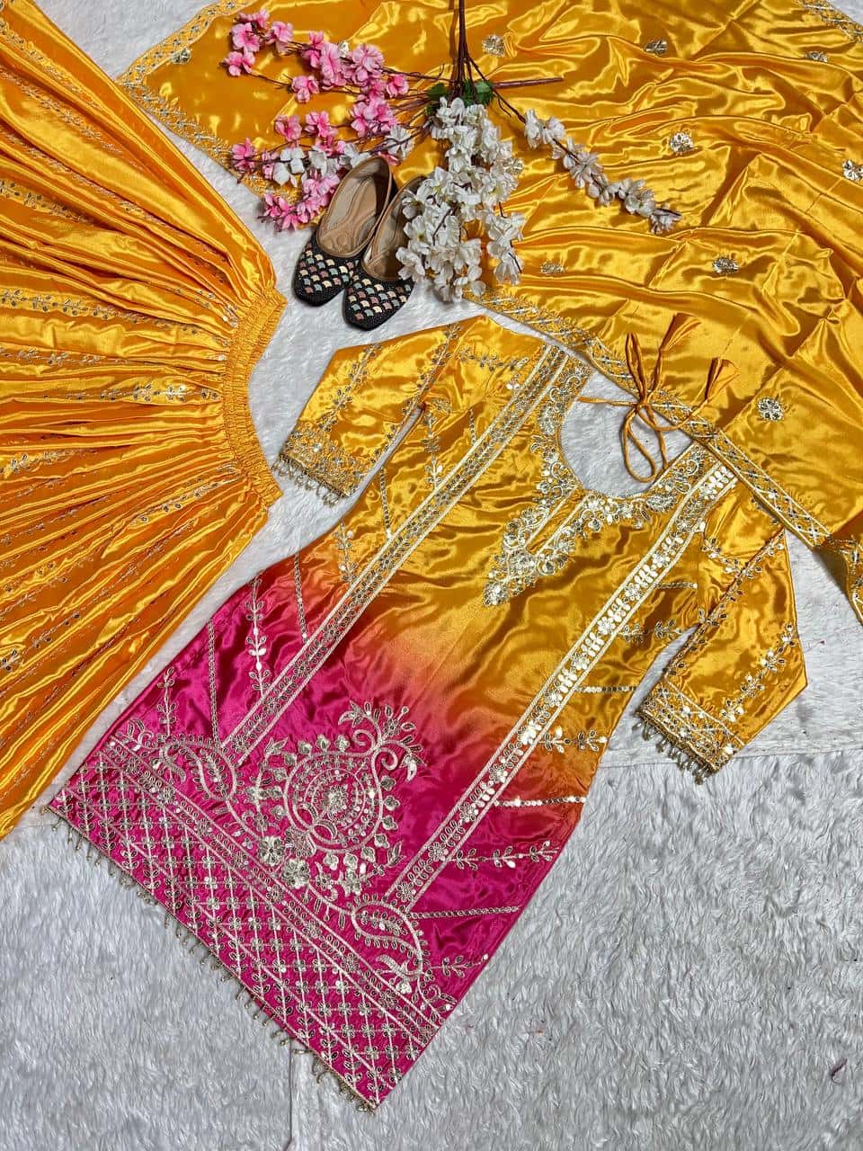 "Heavy Chinnon Silk Embroidered Top, Plazzo & Dupatta Set with Digital Print"