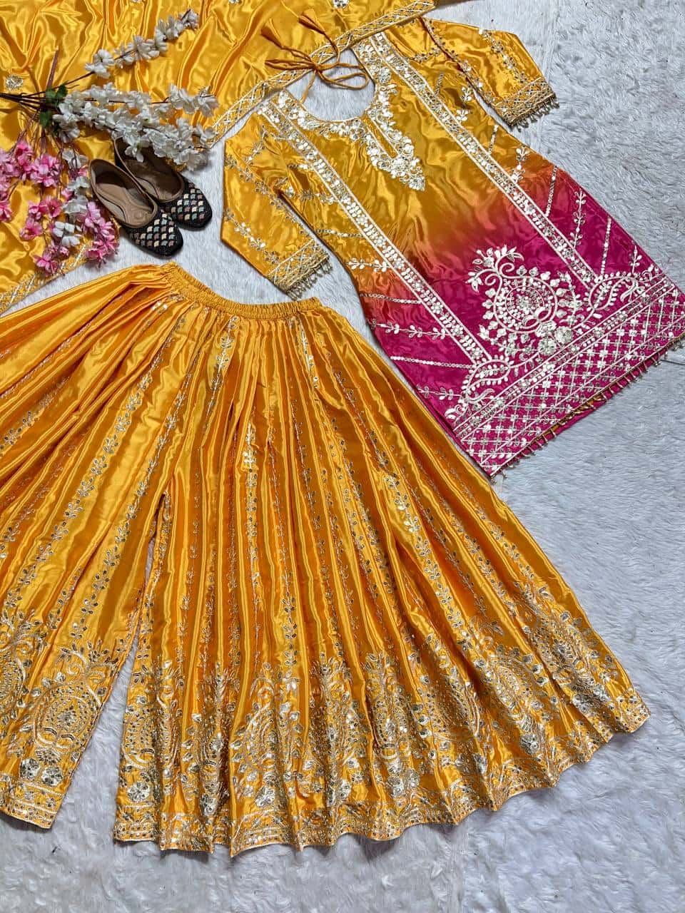 "Heavy Chinnon Silk Embroidered Top, Plazzo & Dupatta Set with Digital Print"