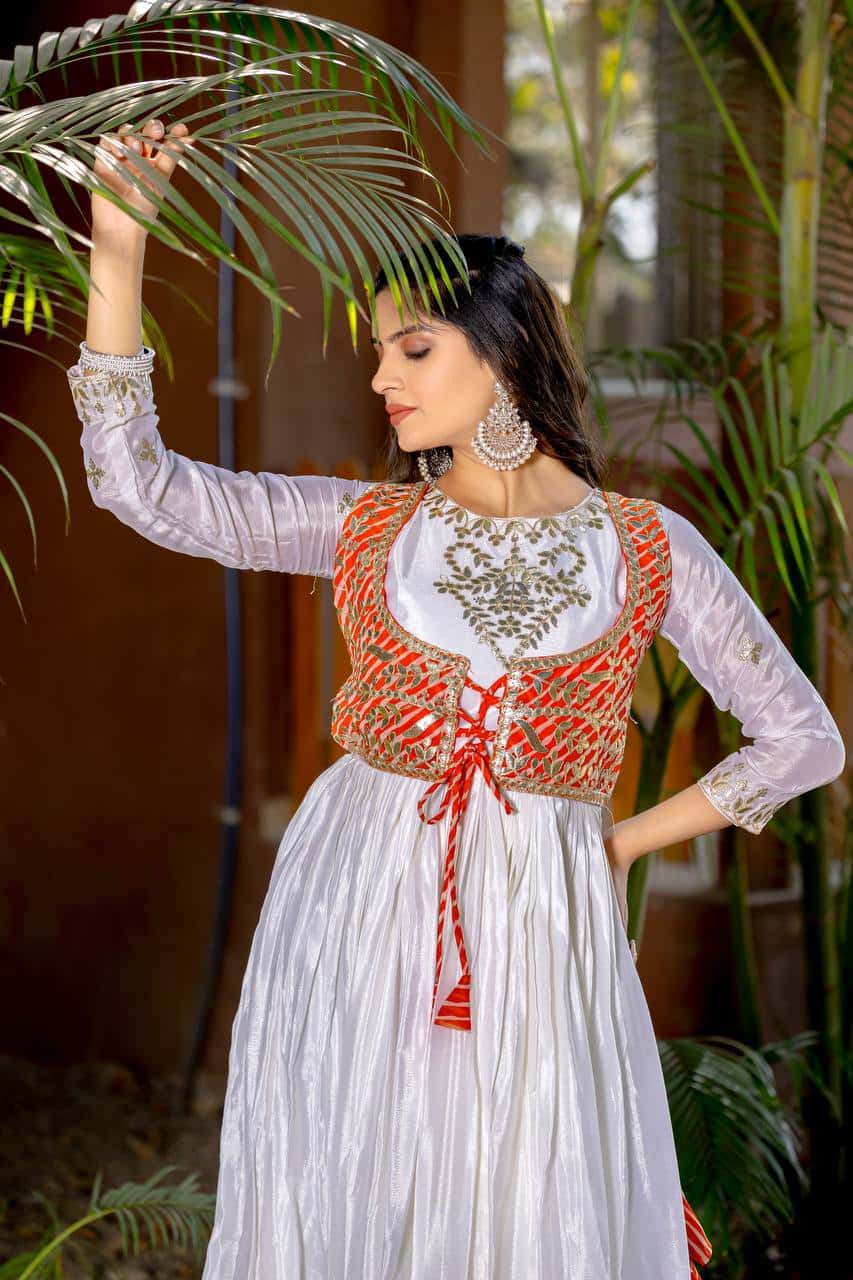 Pure Chinon and Laheriya Print gotta pati gown with attached jacket with matching hand purse
