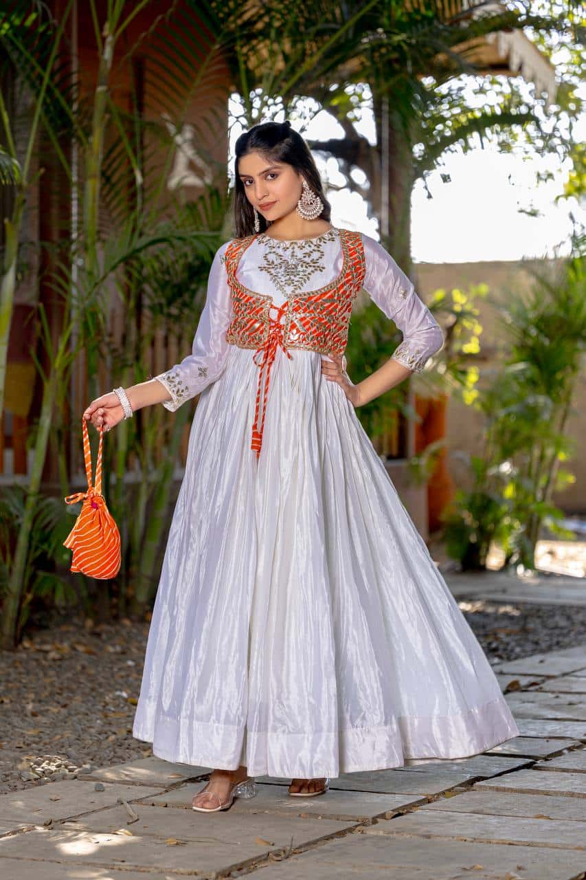 Pure Chinon and Laheriya Print gotta pati gown with attached jacket with matching hand purse