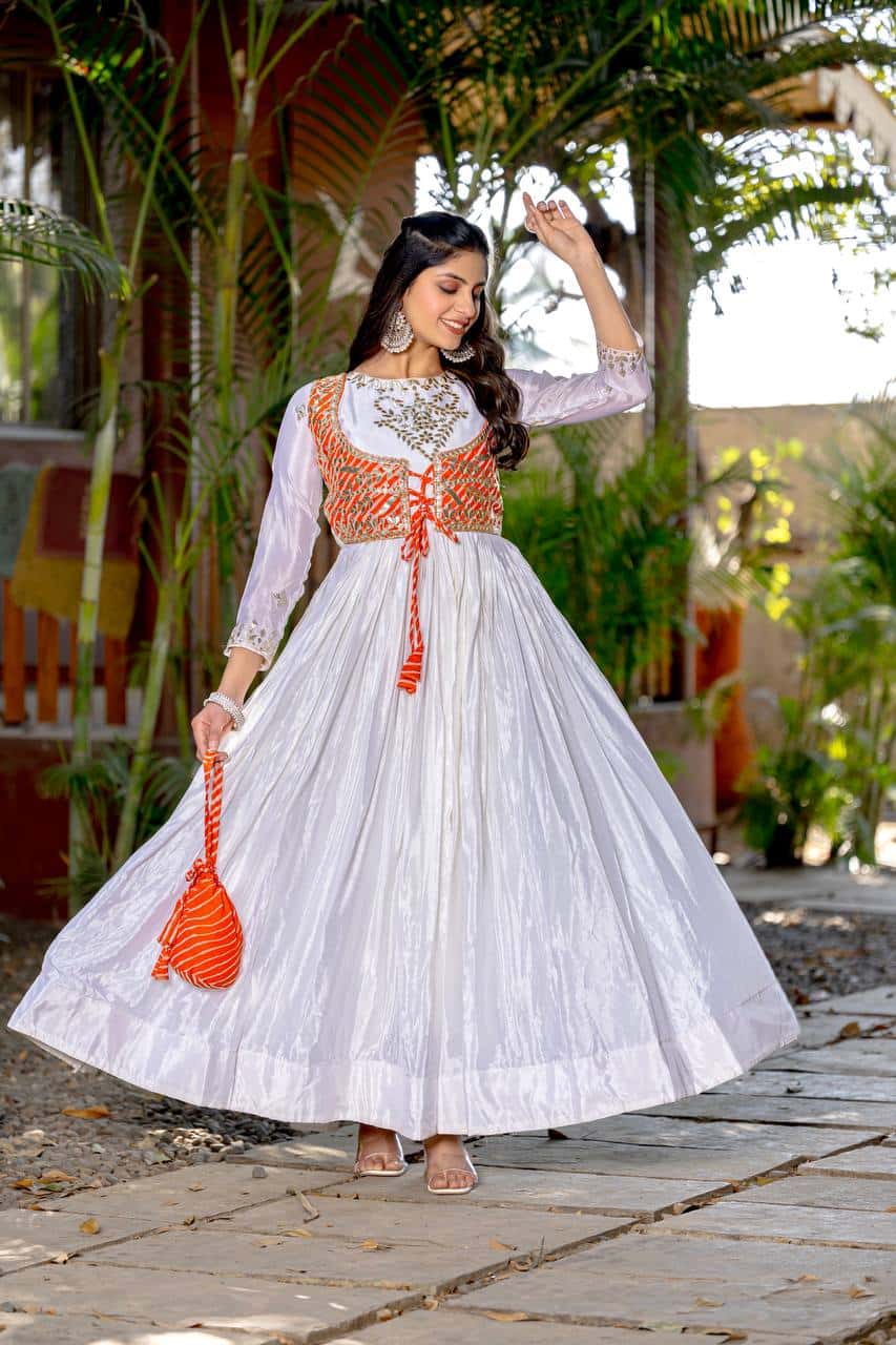 Pure Chinon and Laheriya Print gotta pati gown with attached jacket with matching hand purse