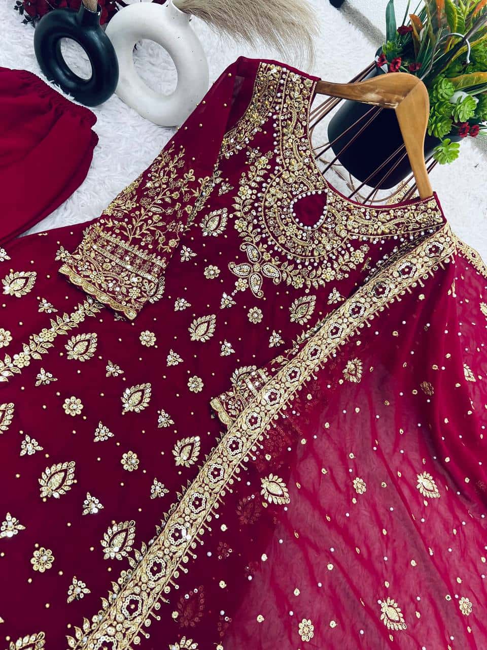 Elegant Embroidered Faux Georgette Top Pant and Dupatta Set