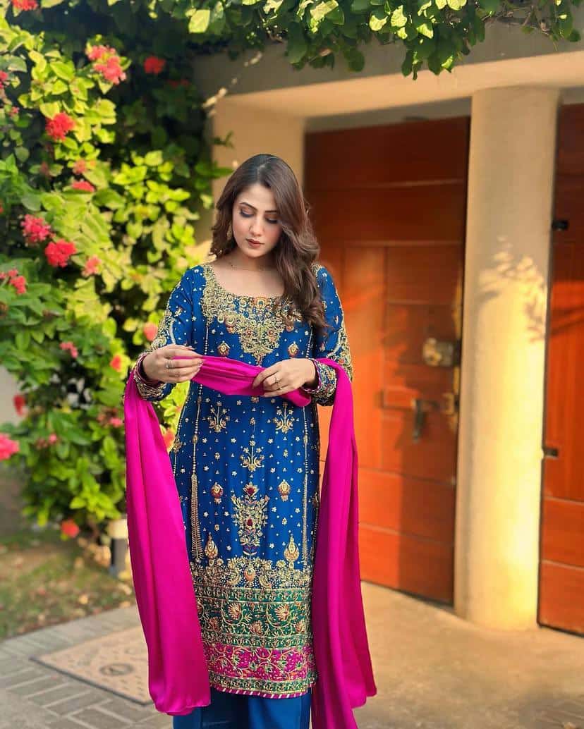 "Elegant Chinon Silk Ensemble with Zari & Sequins Embroidery"