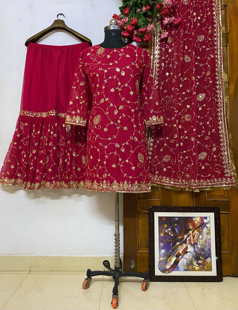 Festival wear Georgette Embroidered Top &amp; Sharara Set with Dupatta