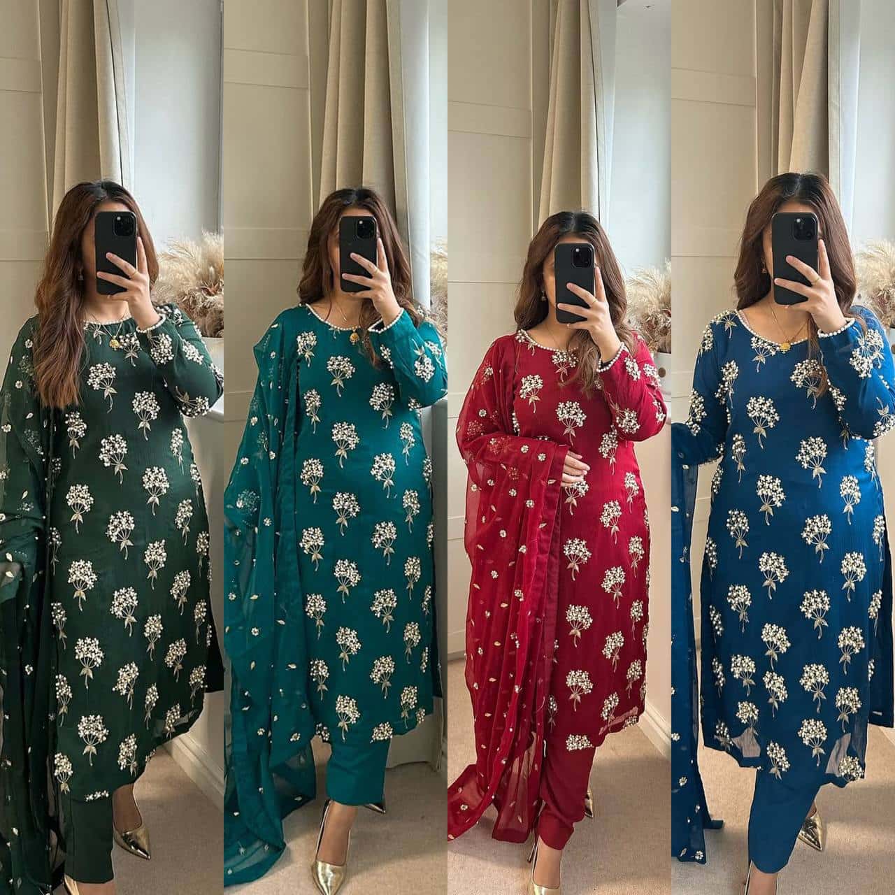 "Heavy Chinon Embroidered Long Top with Stitched Pant & Dupatta Set"