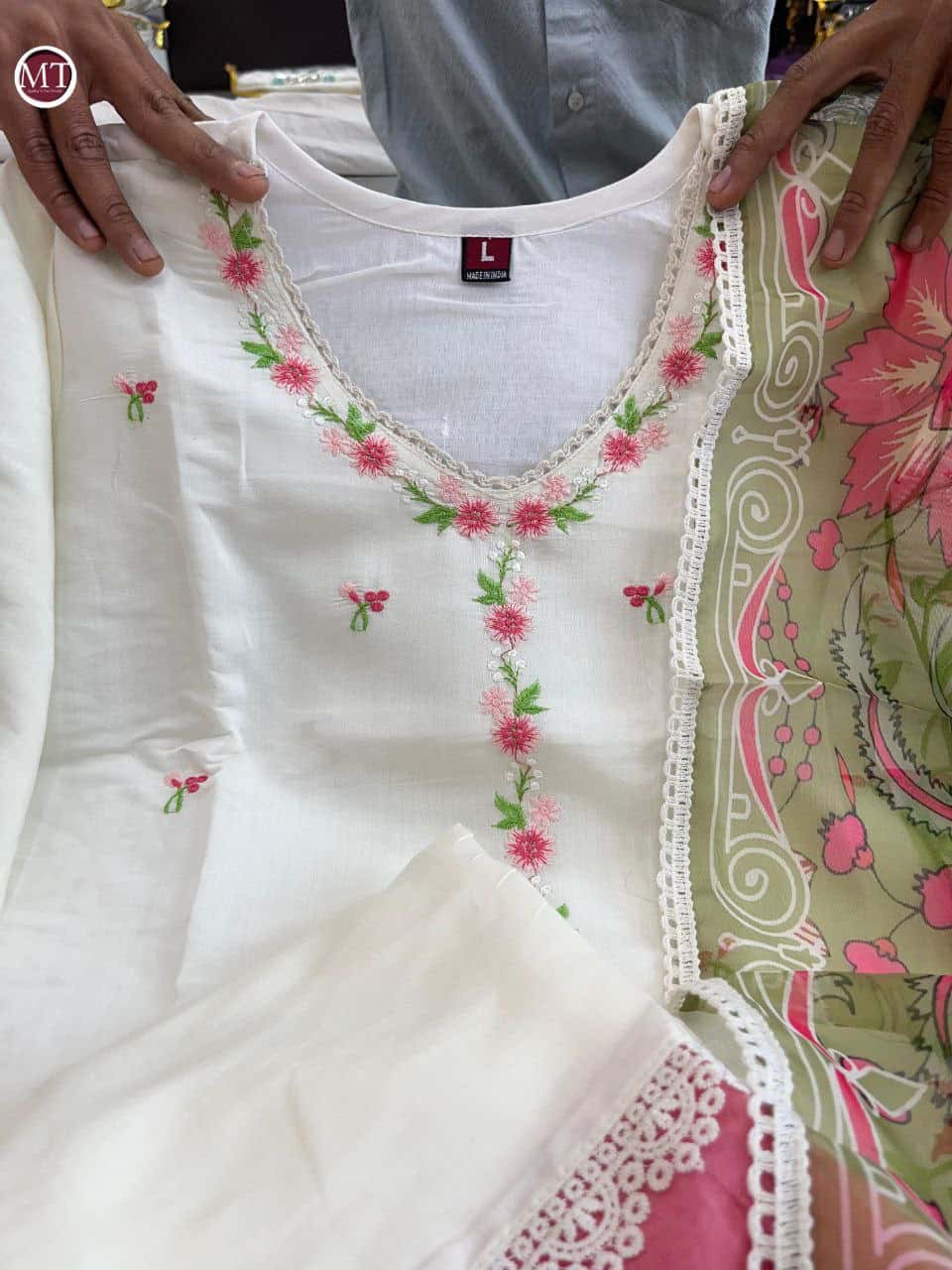 Exquisite Pure Banarasi Cotton Suit Set with Orgenza Dupatta and Pearl Moti Mala