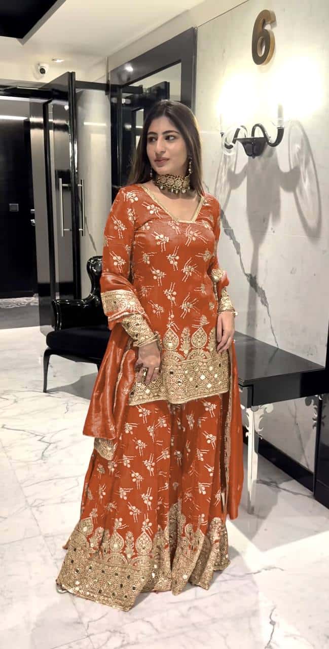 "Elegance Redefined: Heavy Simmer Silk Sharara Set with Embroidery Sequence Work"