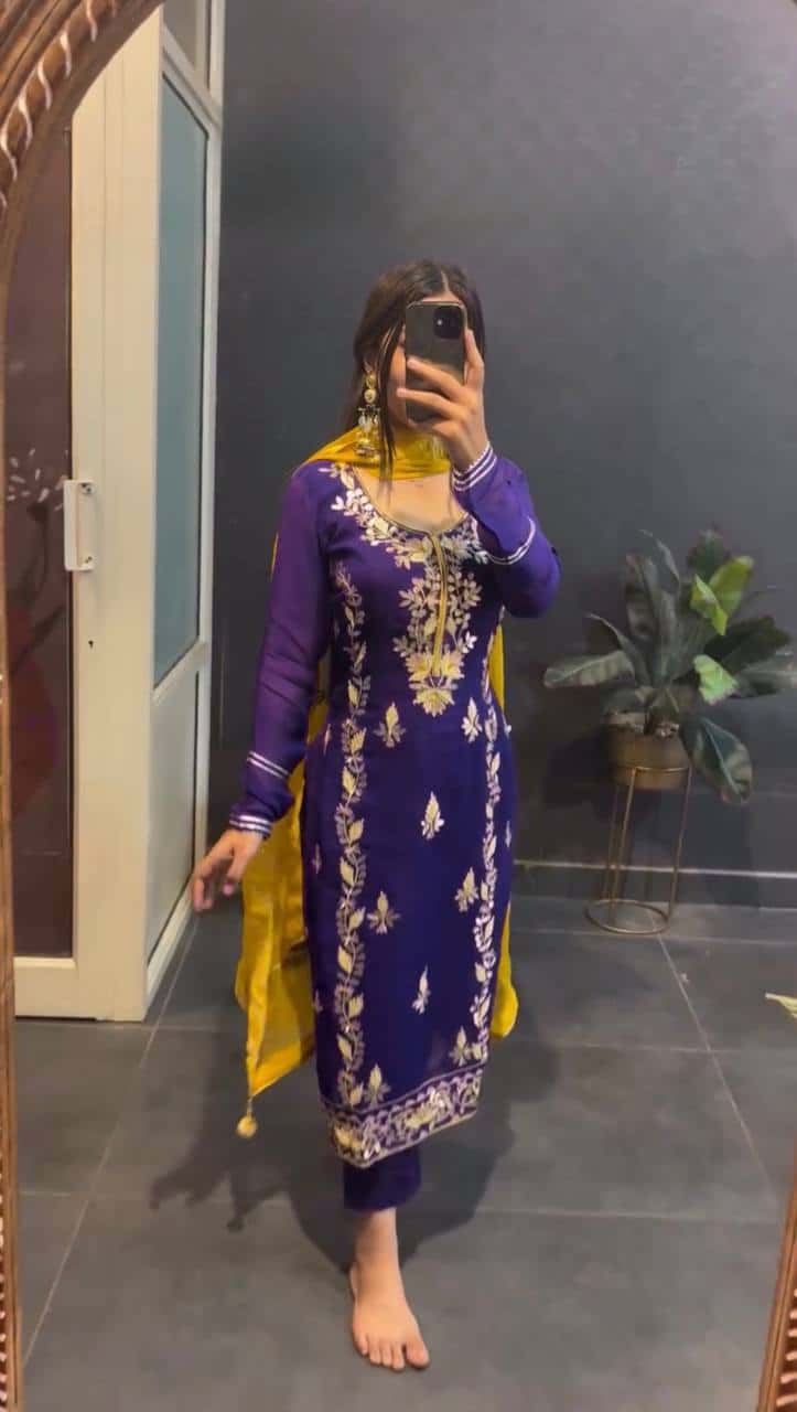 "Elegant Heavy Chinnon Silk Embroidered Set with Full Sleeves & Sequence Work"