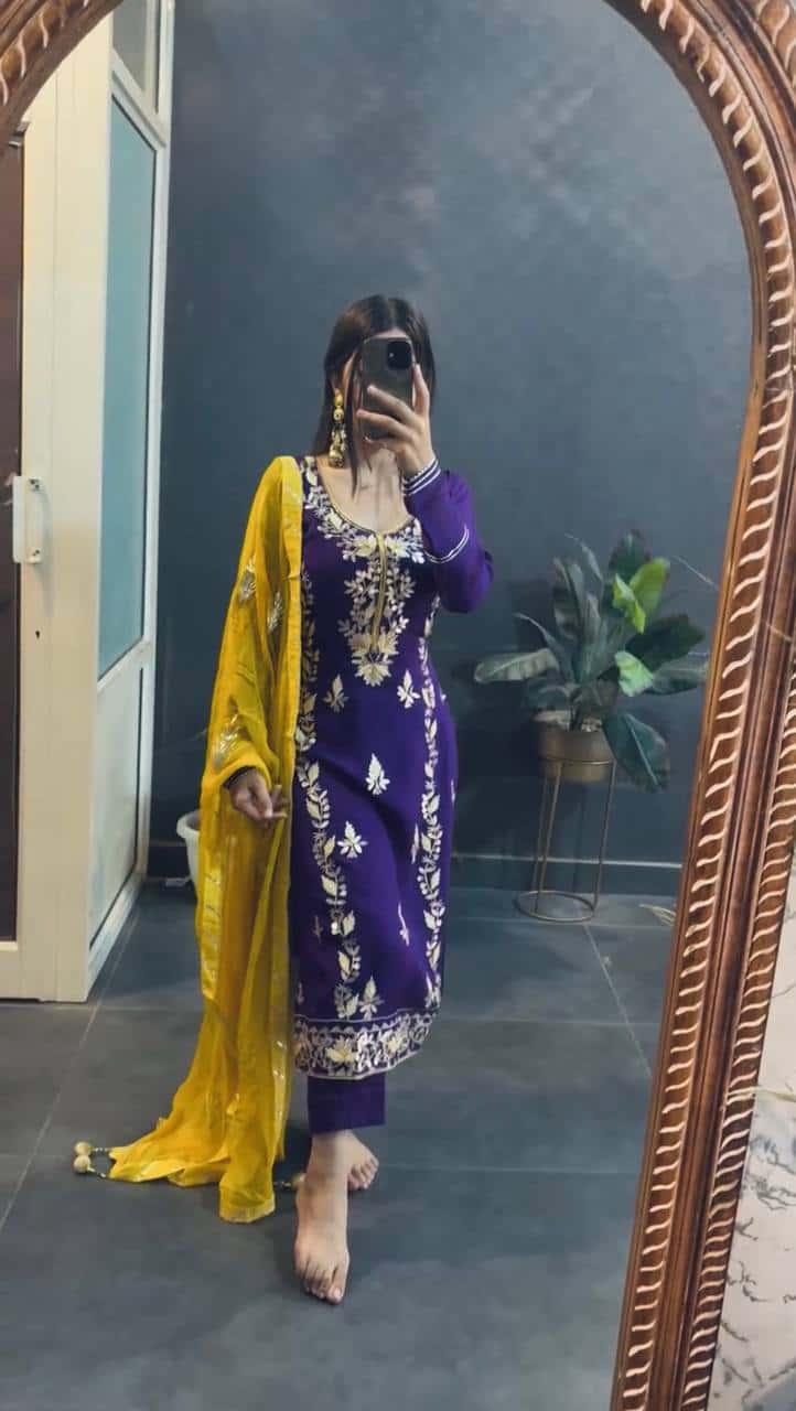 "Elegant Heavy Chinnon Silk Embroidered Set with Full Sleeves & Sequence Work"