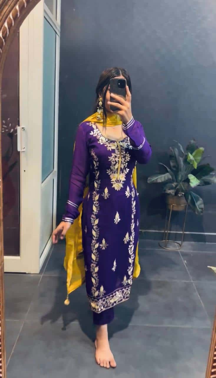 "Elegant Heavy Chinnon Silk Embroidered Set with Full Sleeves & Sequence Work"