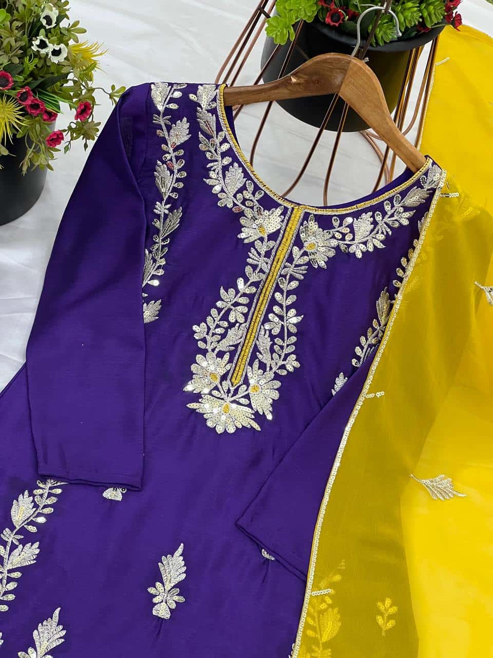 "Elegant Heavy Chinnon Silk Embroidered Set with Full Sleeves & Sequence Work"
