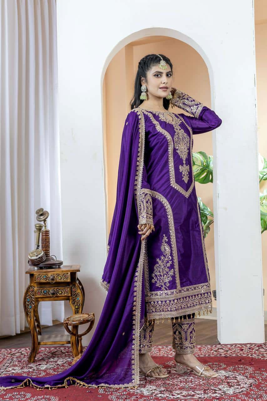"Elegant Heavy Chinon Silk Embroidered Suit Set with Sequins, Dori Work & Fancy Latkan"