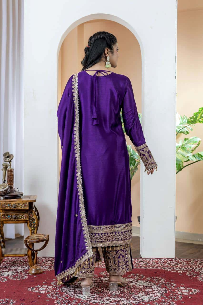 "Elegant Heavy Chinon Silk Embroidered Suit Set with Sequins, Dori Work & Fancy Latkan"