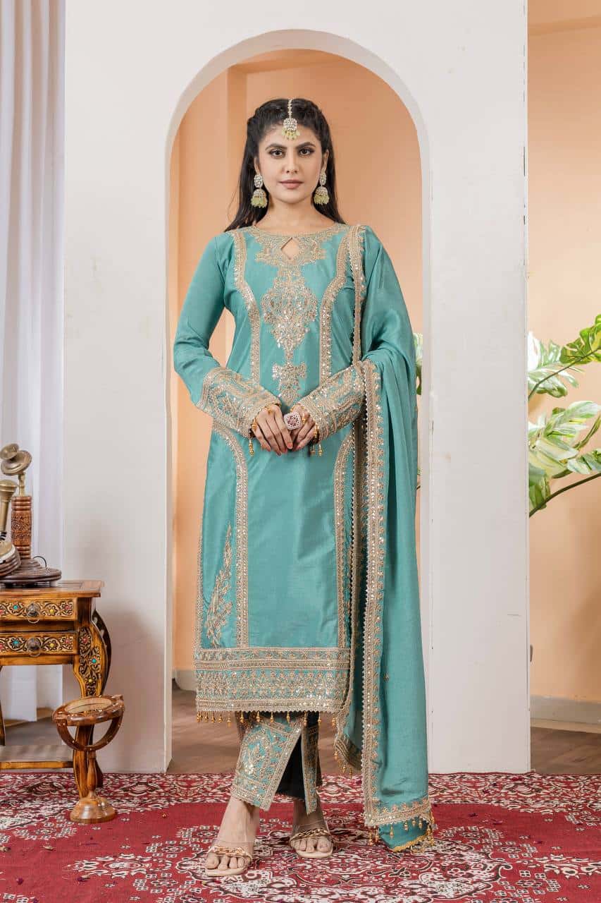"Elegant Heavy Chinon Silk Embroidered Suit Set with Sequins, Dori Work & Fancy Latkan"