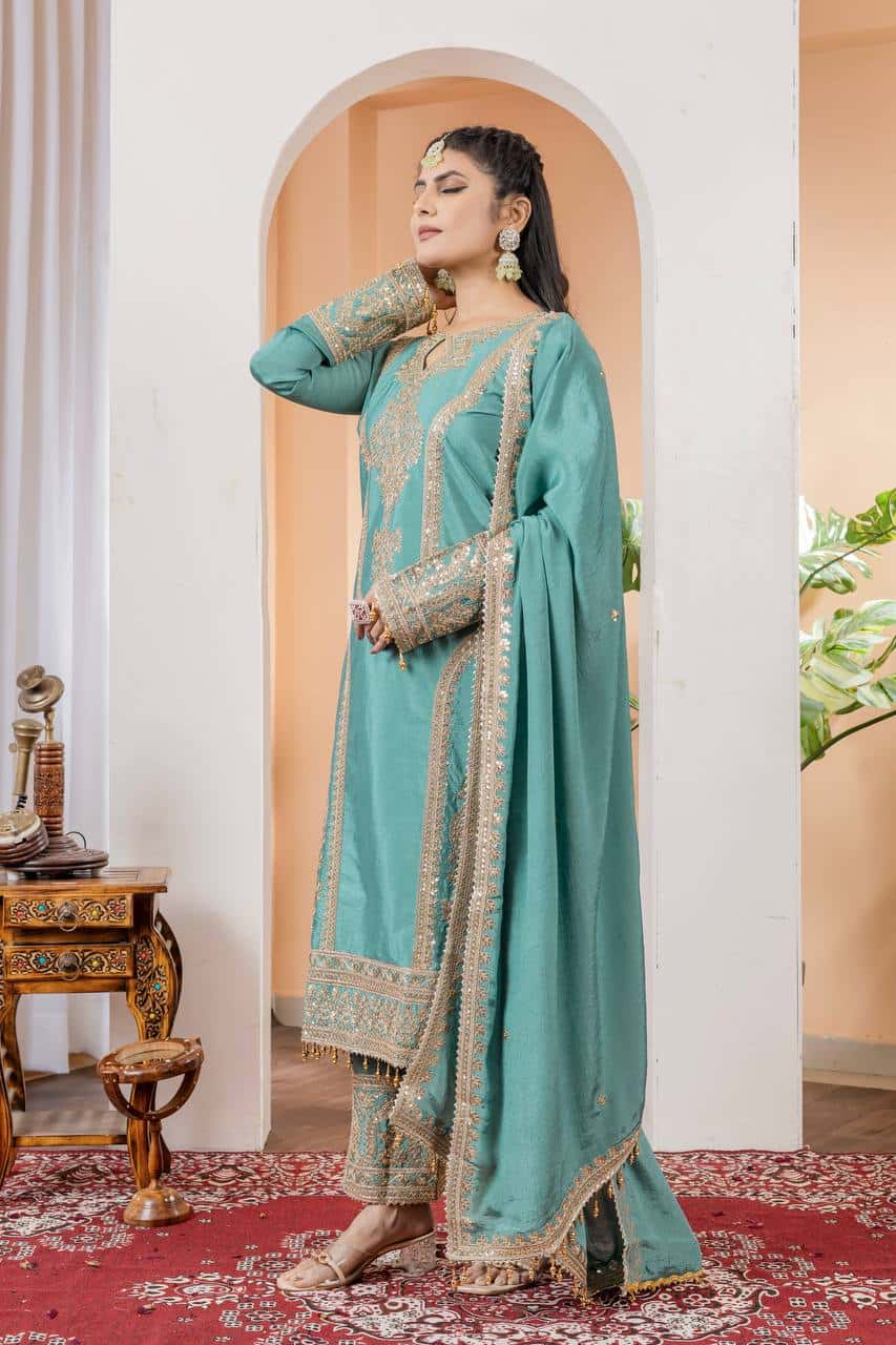 "Elegant Heavy Chinon Silk Embroidered Suit Set with Sequins, Dori Work & Fancy Latkan"