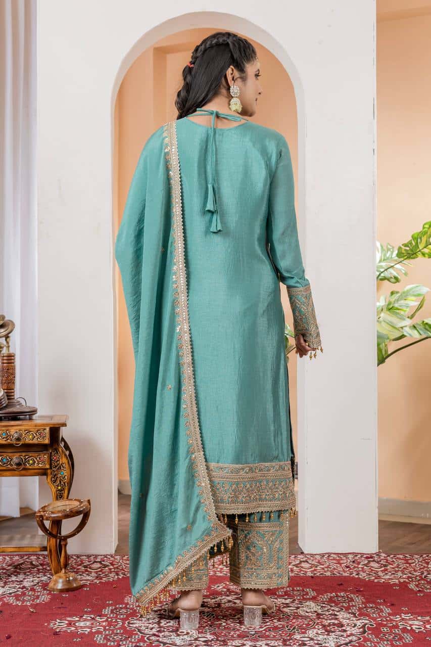"Elegant Heavy Chinon Silk Embroidered Suit Set with Sequins, Dori Work & Fancy Latkan"