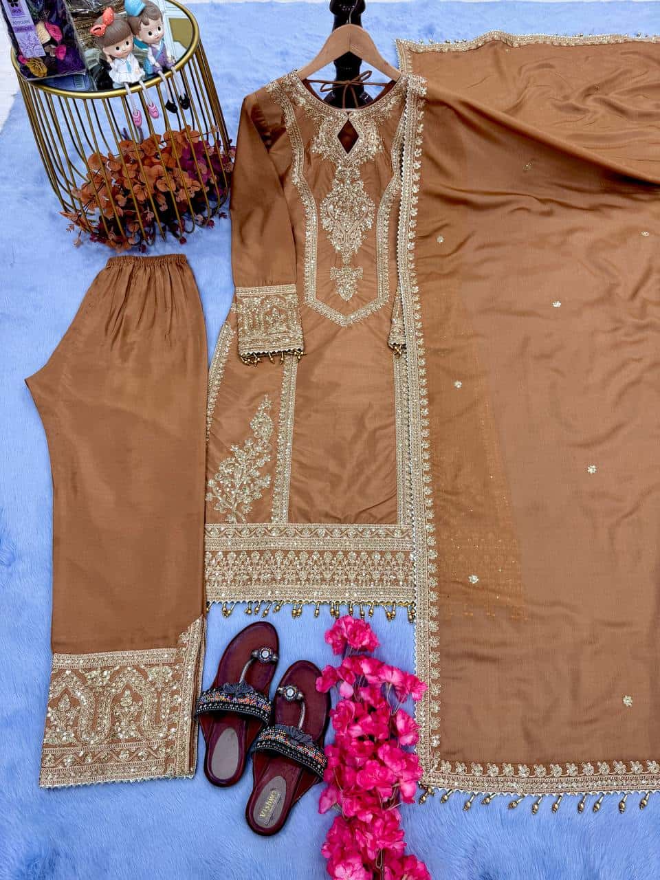 "Elegant Heavy Chinon Silk Embroidered Suit Set with Sequins, Dori Work & Fancy Latkan"