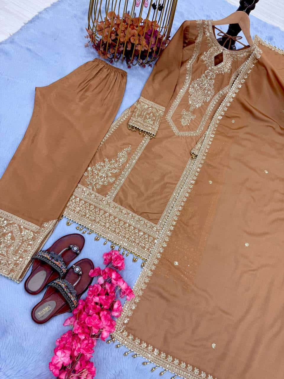 "Elegant Heavy Chinon Silk Embroidered Suit Set with Sequins, Dori Work & Fancy Latkan"