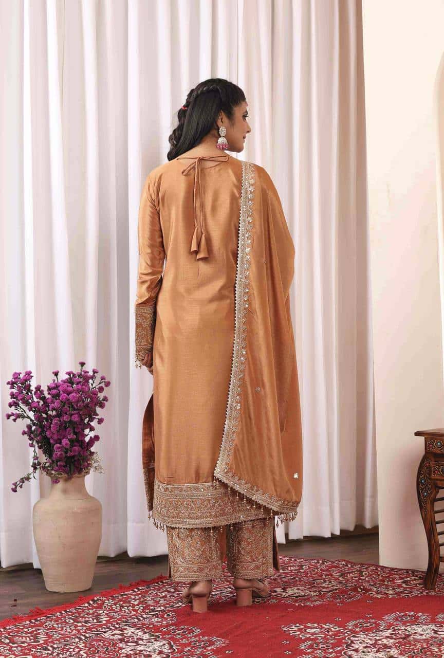 "Elegant Heavy Chinon Silk Embroidered Suit Set with Sequins, Dori Work & Fancy Latkan"