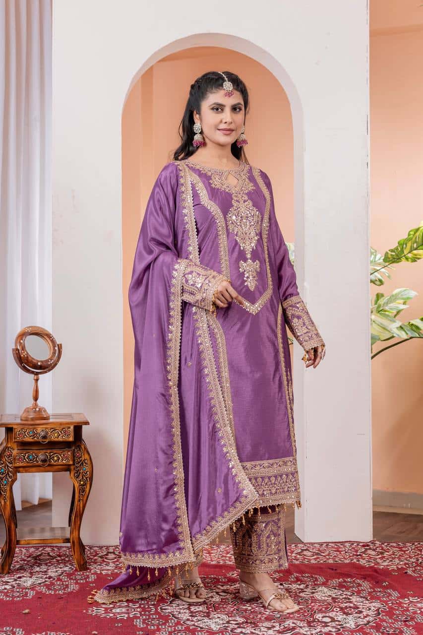 "Elegant Heavy Chinon Silk Embroidered Suit Set with Sequins, Dori Work & Fancy Latkan"