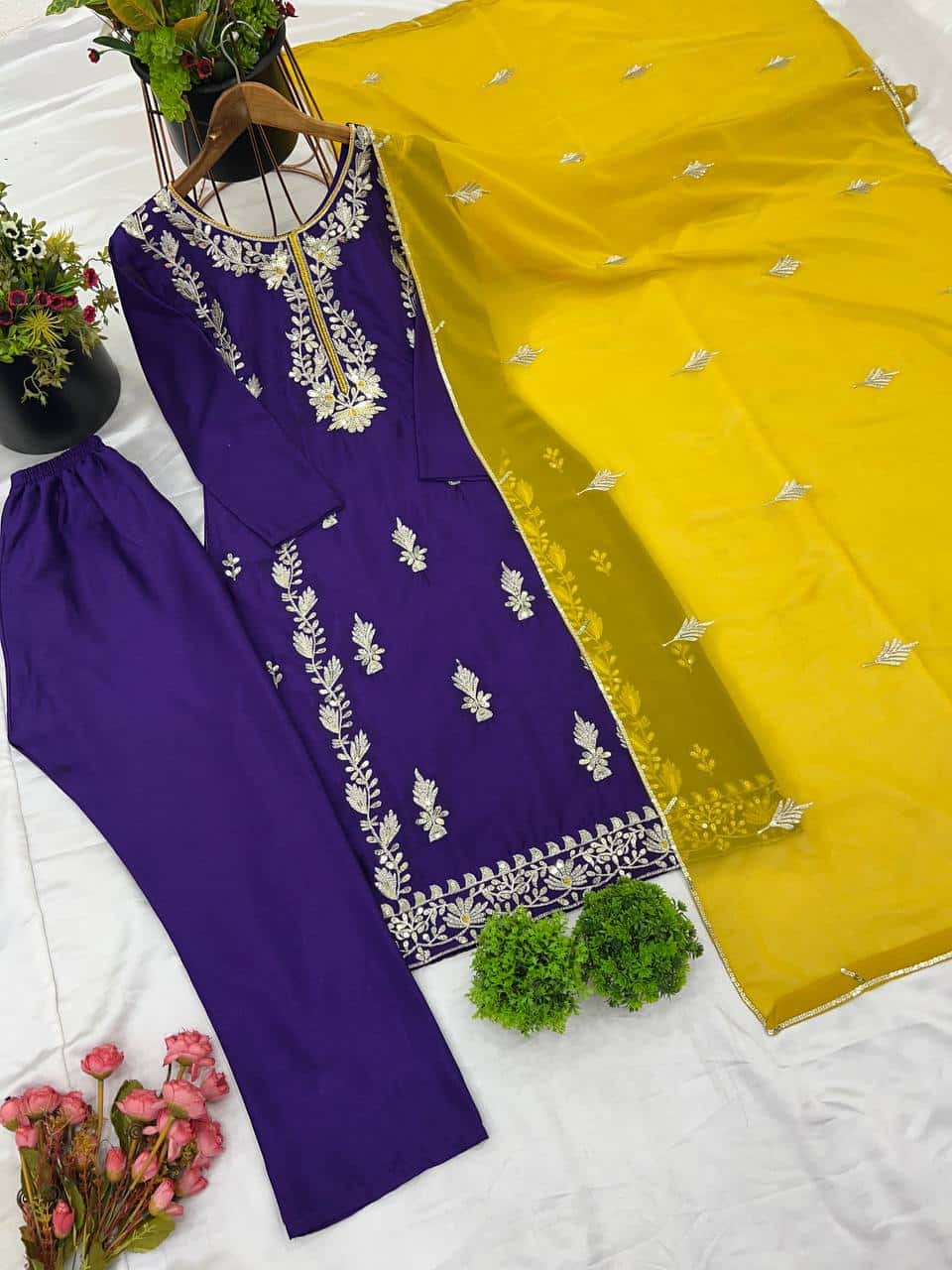 "Elegant Heavy Chinnon Silk Embroidered Set with Full Sleeves & Sequence Work"