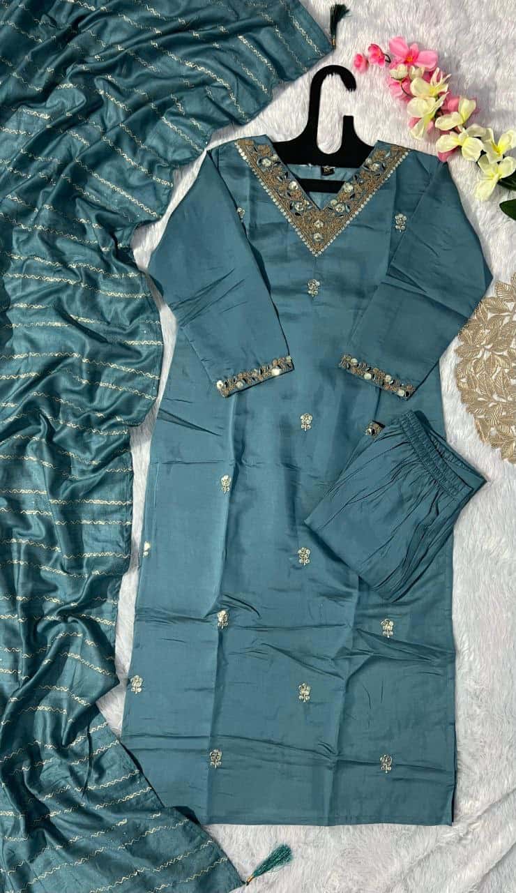 Denim Blue Roman Silk Kurti Set with Beautiful Embroidery and Sequence Work