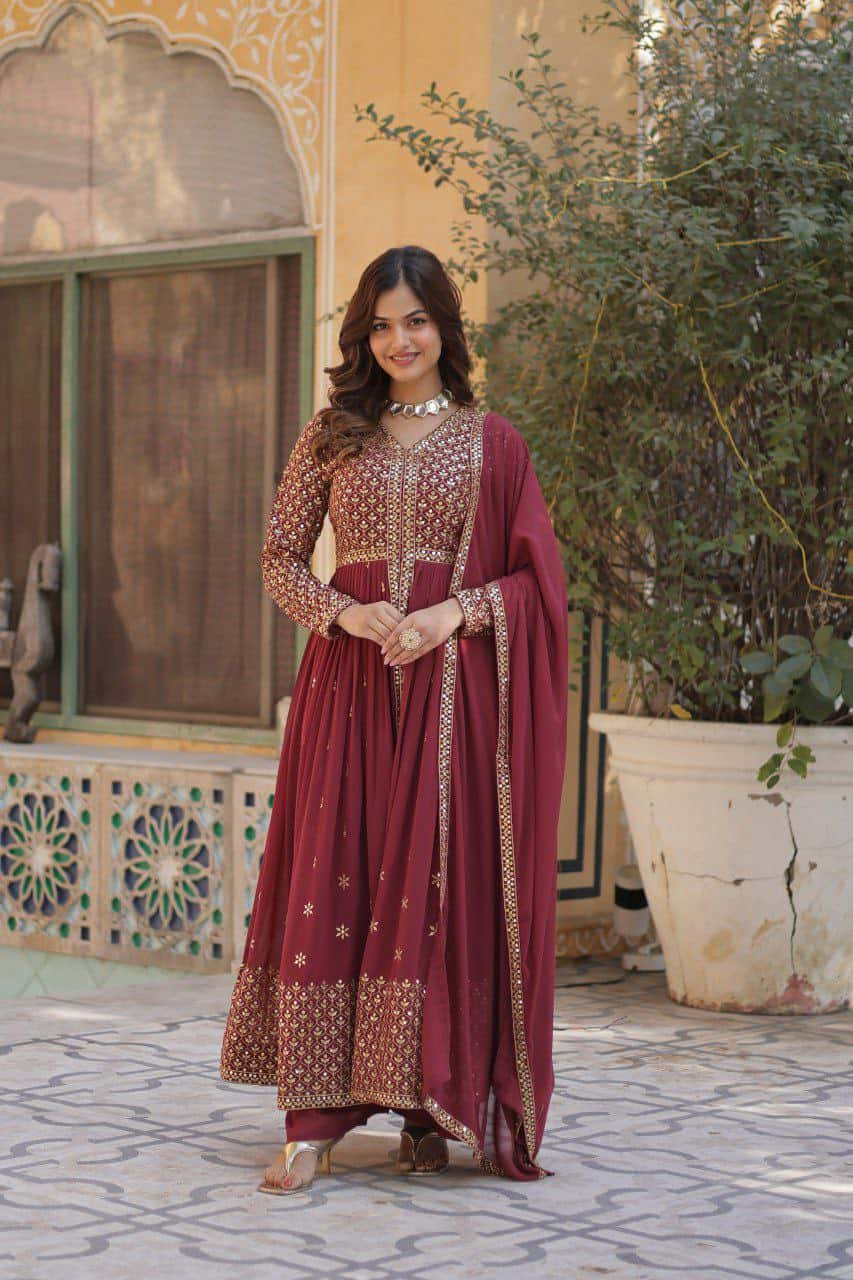 "Elegant Faux Georgette Embroidered Set with Sequins Dupatta"