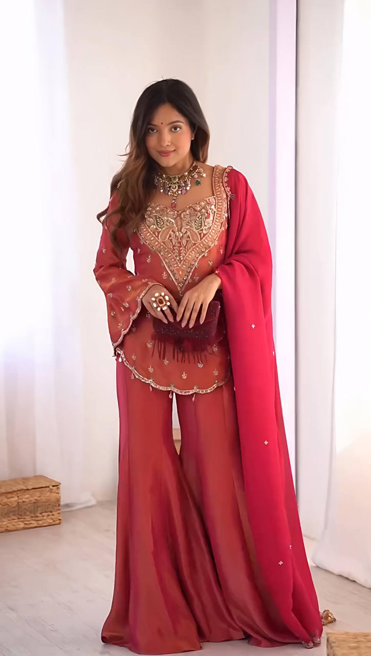 Party wear shimmer silk kurta palazzo with dupatta sets