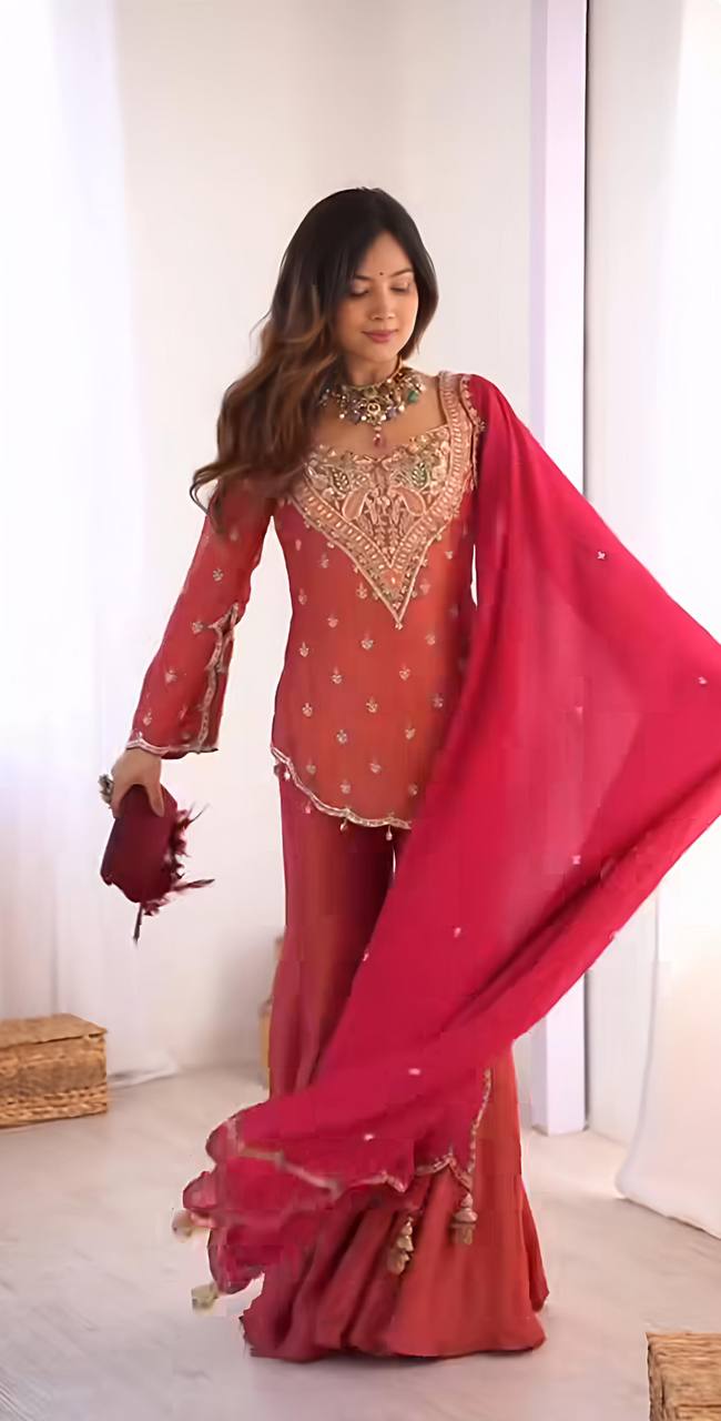Party wear shimmer silk kurta palazzo with dupatta sets