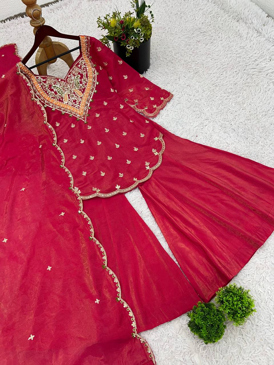 Party wear shimmer silk kurta palazzo with dupatta sets
