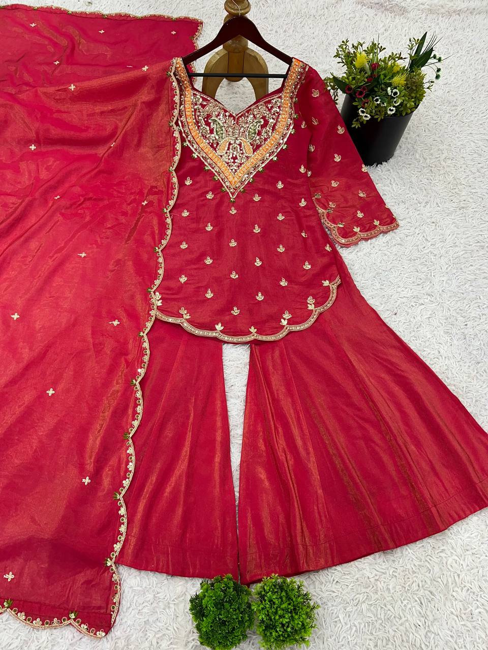 Party wear shimmer silk kurta palazzo with dupatta sets