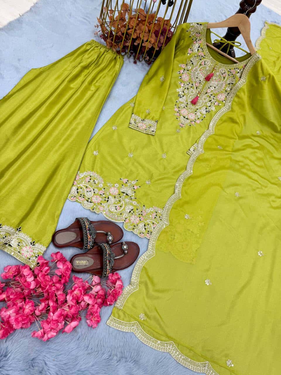 "Festive Embroidered Chinon Silk Ensemble with Tassels and Cutwork Dupatta"