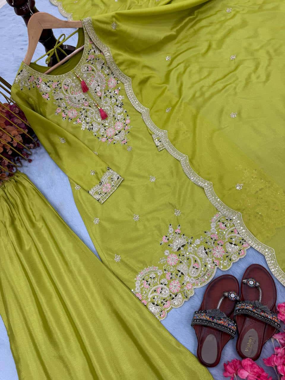 "Festive Embroidered Chinon Silk Ensemble with Tassels and Cutwork Dupatta"